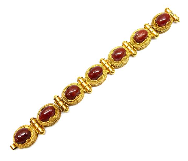 Archaeological revival gold and cornelian scarab bracelet